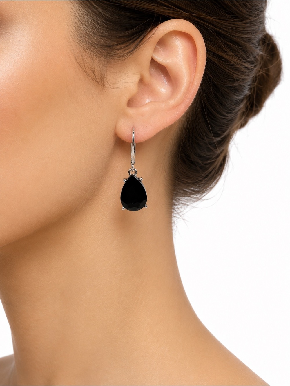 Nine West Black Teardrop Drop Dangle Earrings Silver Tone Faceted Crystal